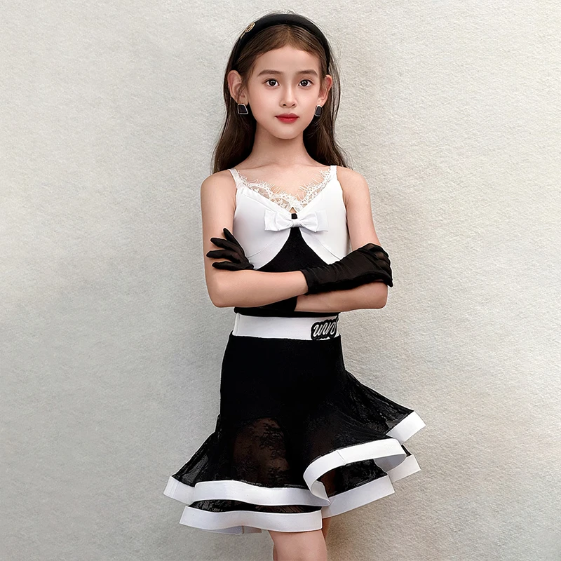 Girls Latin Dance Clothes For Performance Stage Wear Kid Black White Sleeveless Bodysuit Mesh Skirt Training Dance Suit VDL5756