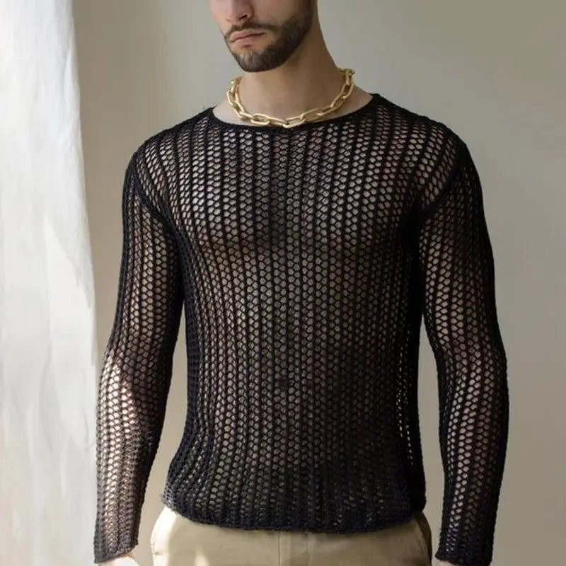 Mens Fishnet Transparent Long Sleeve T Shirt 2022 Brand New See Through Mesh Tshirt Men Punk Gothic Nightclub Prom T Shirt Male