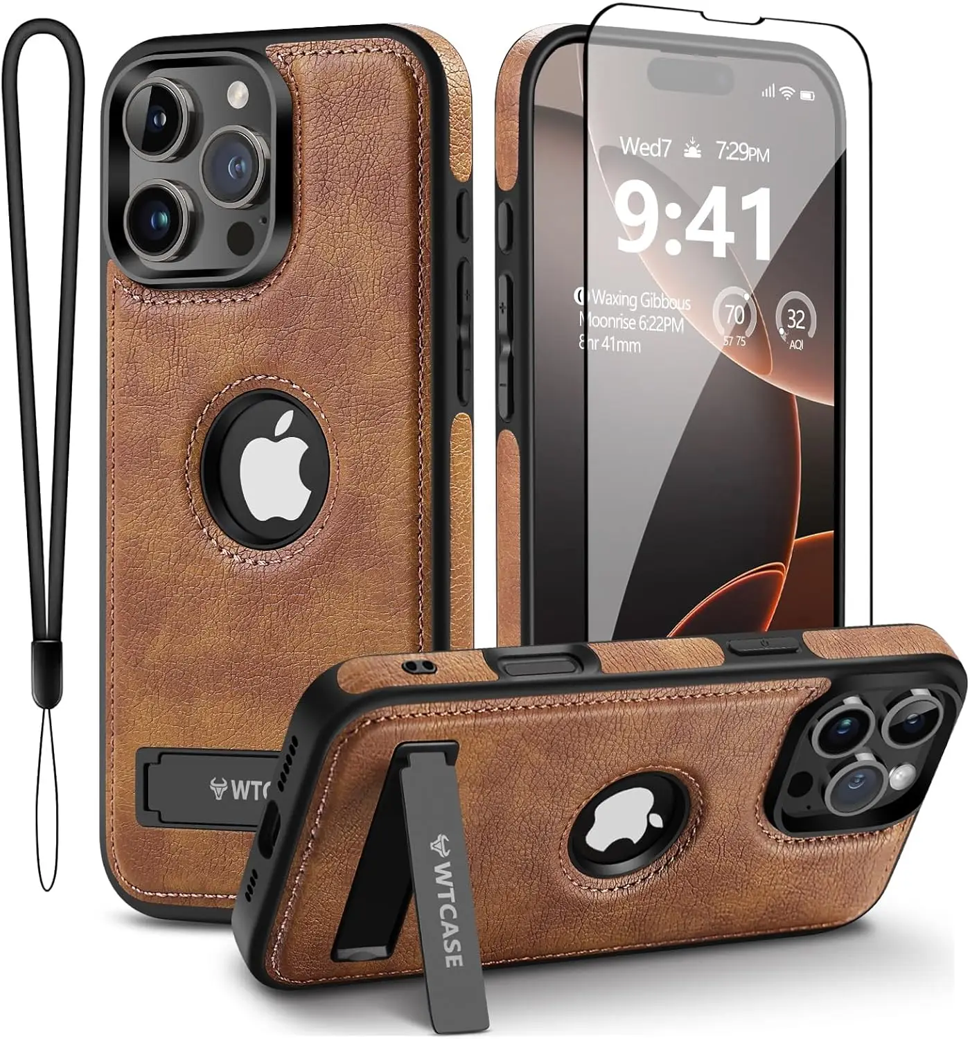 

Magnetic Leather Case with Stand for iPhone 16 Pro Max, Slim Protective Cover Compatible with MagSafe (Brown)