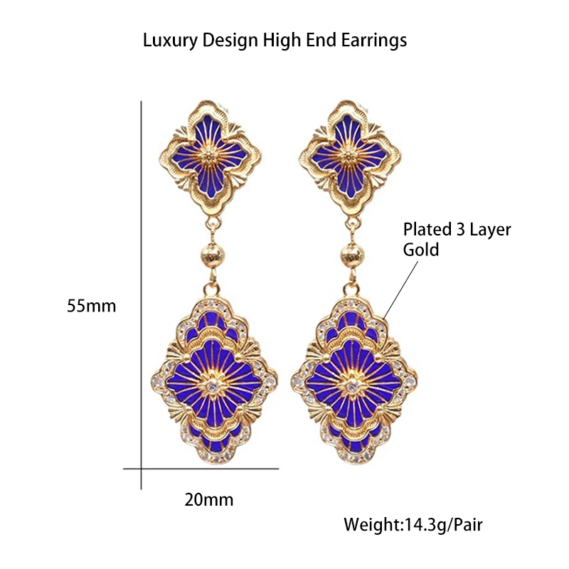 Royal style Italian Luxury Design Four Clover Long Drop Earrings Micro Inlay Shiny Zircon Jewelry for Women Girls Wedding Party