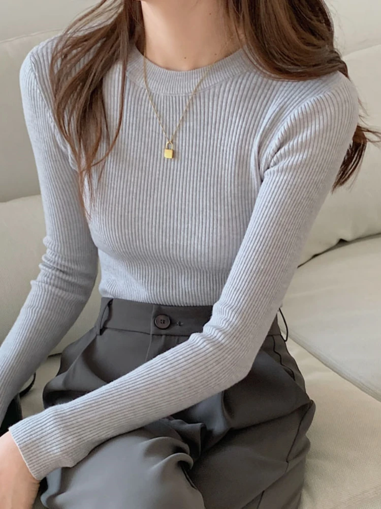 Pullover a maniche lunghe stile coreano Moda morbido caldo maglione basic da donna Autunno Inverno Slim Solid Maglieria Top