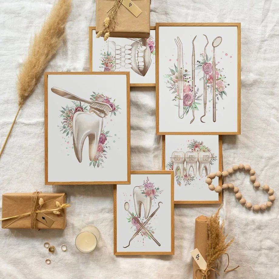 

Watercolor Tooth Anatomy Artwork Poster Gift Oral Health Floral Dentist Tool Wall Art Prints Canvas Painting Dental Clinic Decor