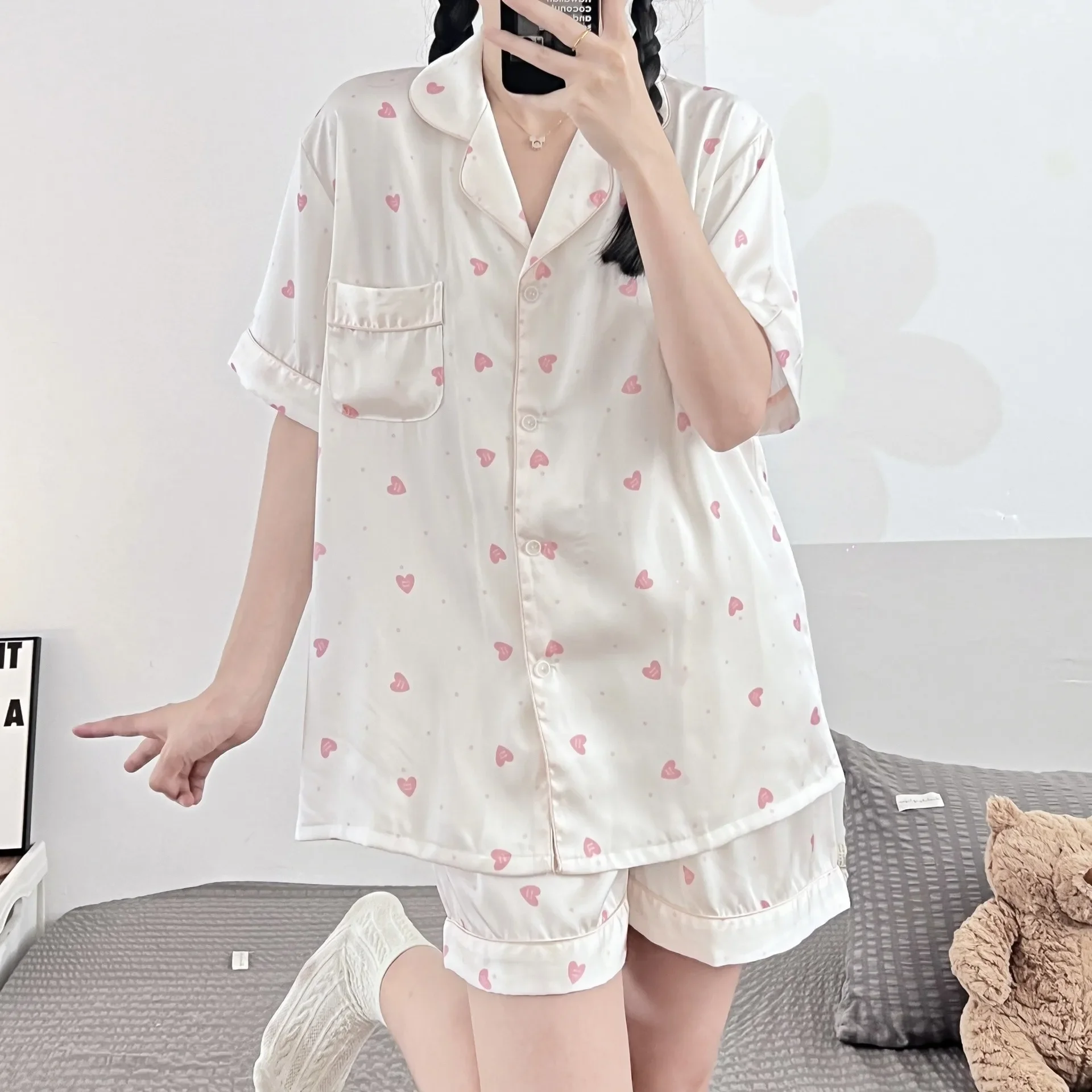 

Short Sleeve Shorts Floral Print Woman Satin Pajama Sets Ensembles 2 Piece Two-Piece Lady Outfit Lounge Women Pijama Pajama Pj