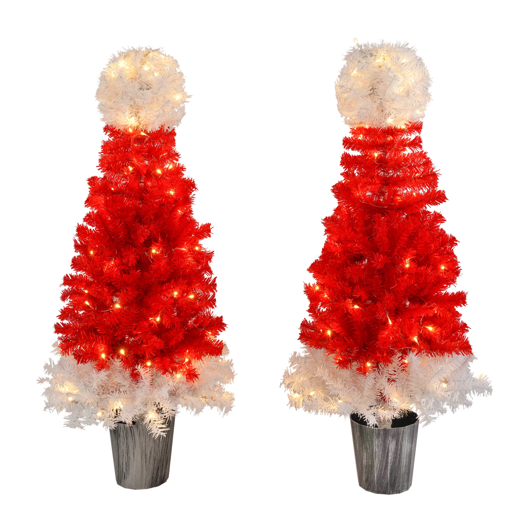 

Lighted Santa Hat Style Christmas Tree Set of 2, 4ft Artificial Tree with Warm White Lights, Christmas Tree