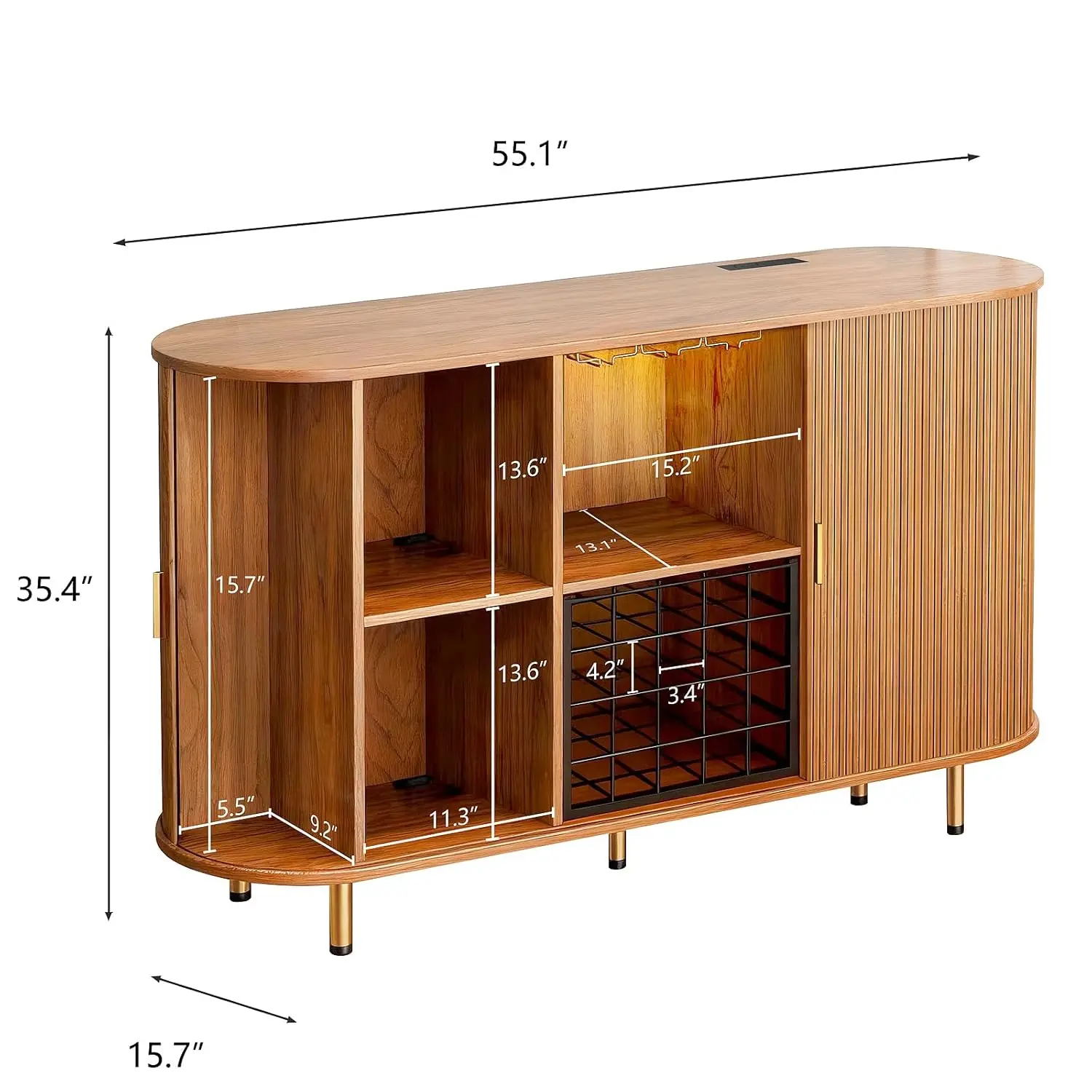 55" Wine Bar Cabinet with Storage, Fluted Liquor & Coffee Bar Cabinet with Wine Rack and Glass Holder, Customized
