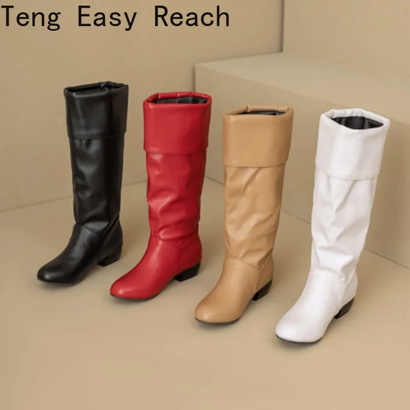 أحذية شتاء 2025 بطول الركبة للنساء، أحذية طويلة عصرية باللونين الأسود والأحمر والأبيض بكعب مكتنز للنساء Mujer 34-47