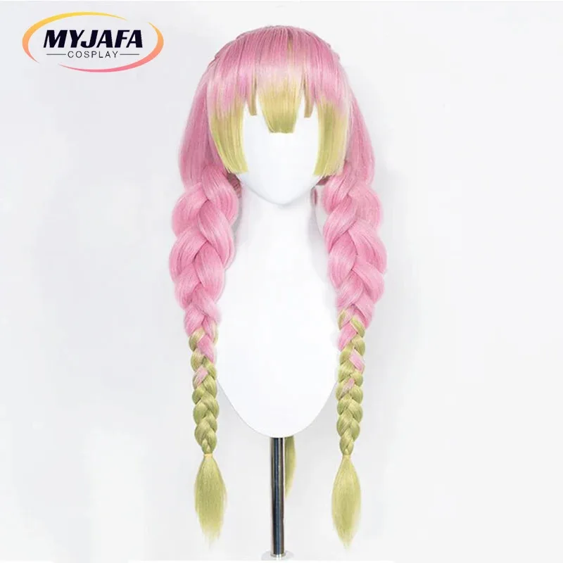 

2025 High Quality Mitsuri Kanroji Long Pink Green Braided Heat Resistant Hair Authentic Anime Cosplay Wigs + Wig Cap