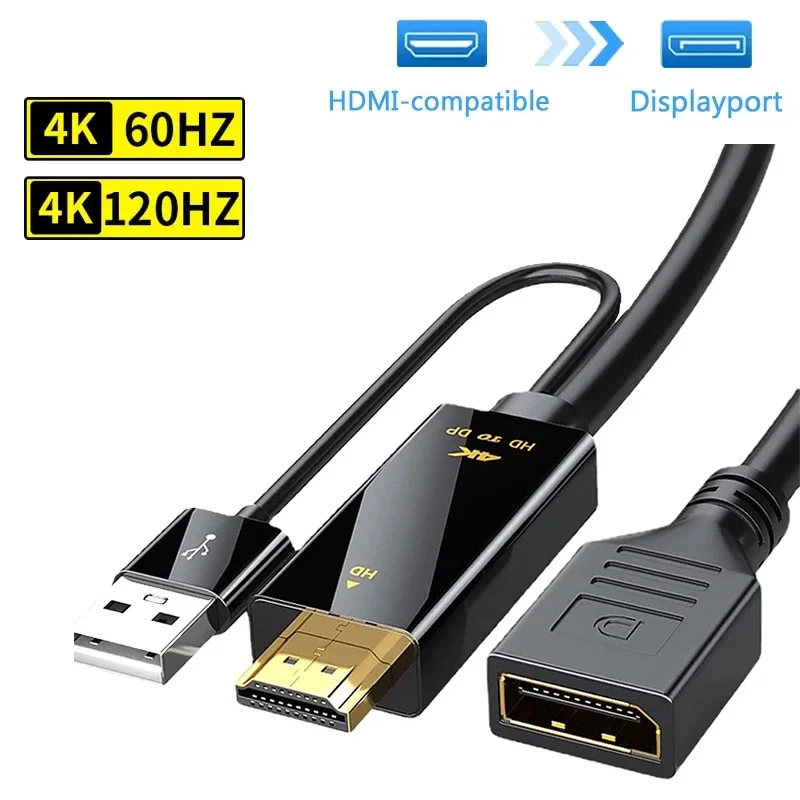 4K 60Hz HDMI to DisplayPort Adapter Cable Male HDMI to DP Video Converter with USB Power Supply for Laotop TV Monitor Projector