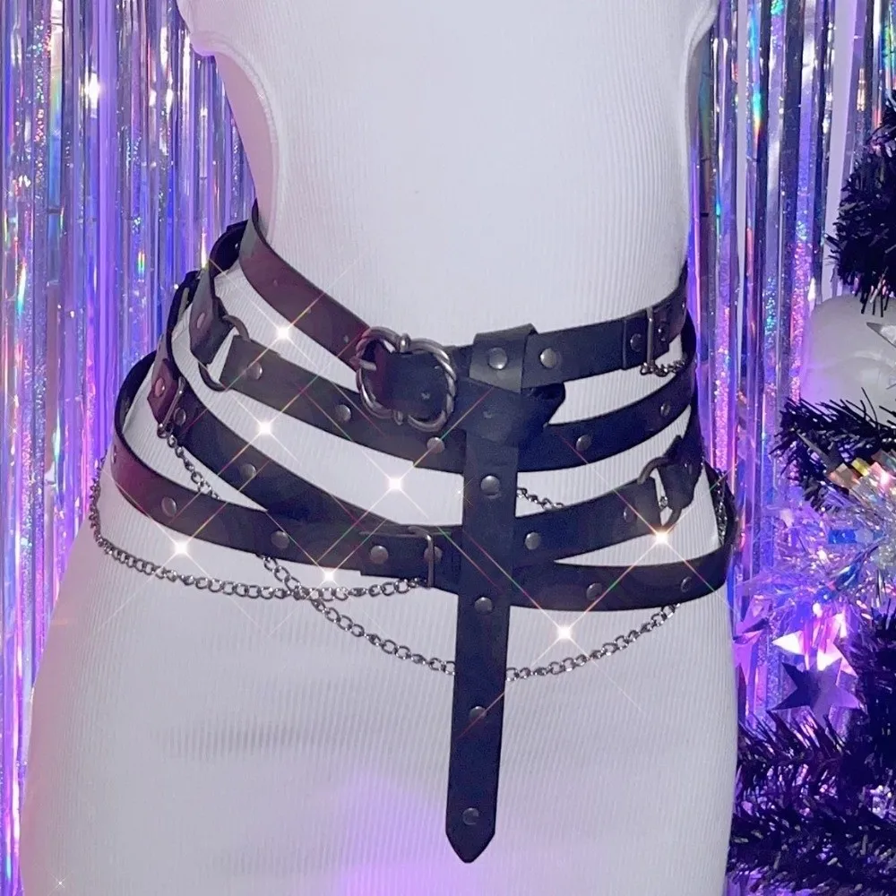 Cinturón Medieval ajustable de piel sintética DIY, cinturones finos multicapa vikingos, hebilla de Metal Vintage, cinturón de cadena, traje