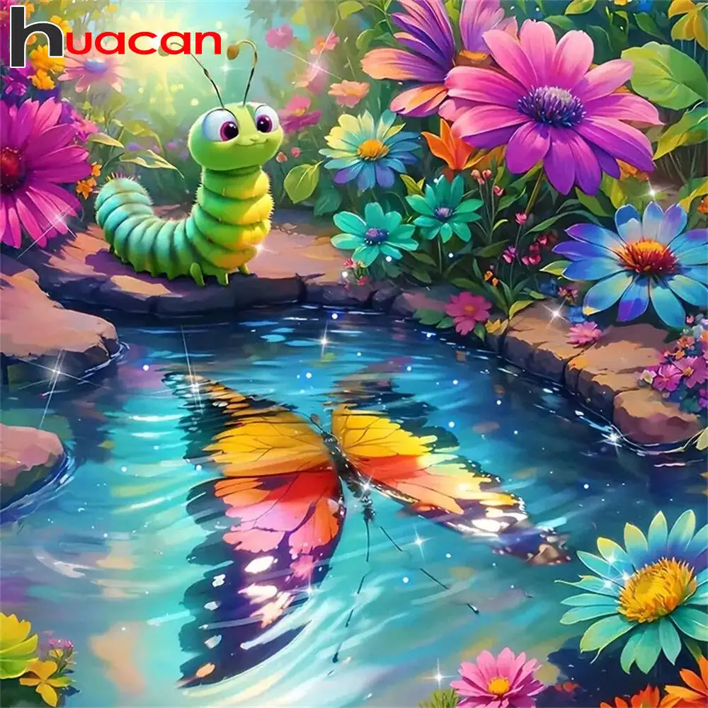 Huacan Cartoon Grüne Raupe Schmetterling Diamant Malerei Blume 5D DIY Diamant Mosaik Voll Platz Runde Wohnkultur