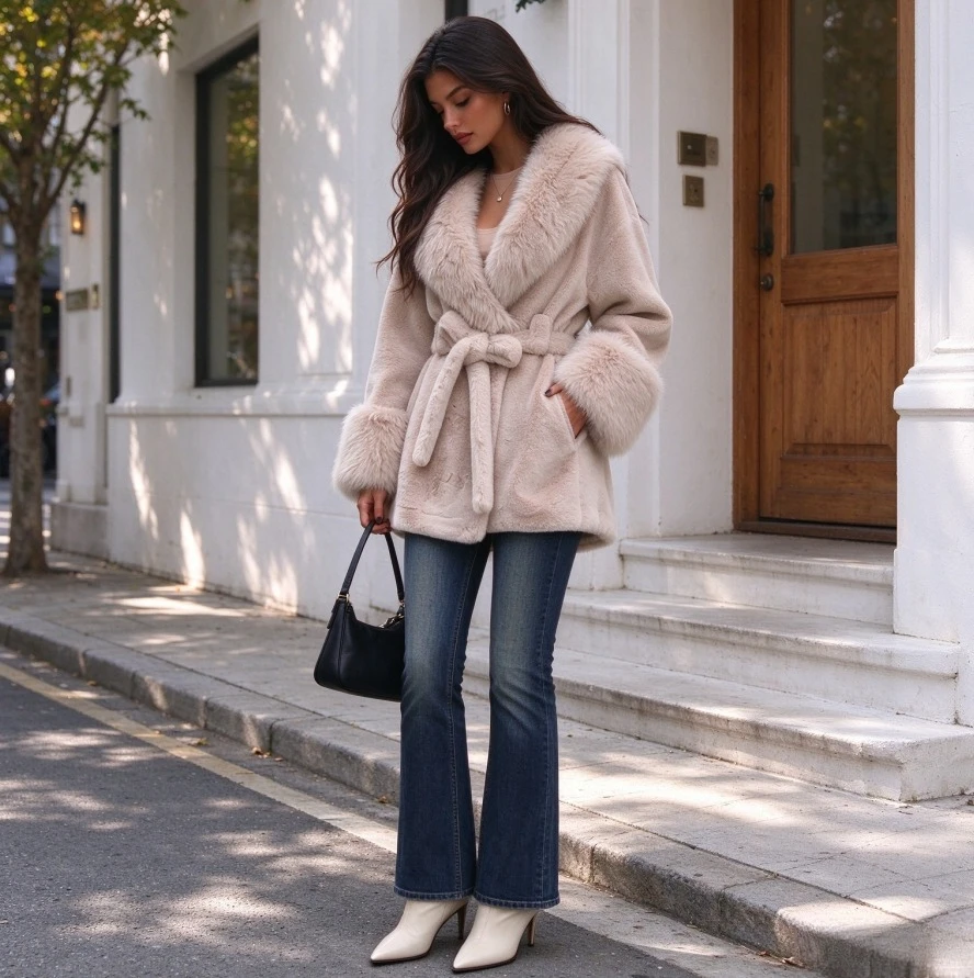 Women Faux Fur Coats Jackets Turn Down Collar Tight Waist Y2k Autumn Winter Mid Length Coat Streetwear Elegant Work Outerwear