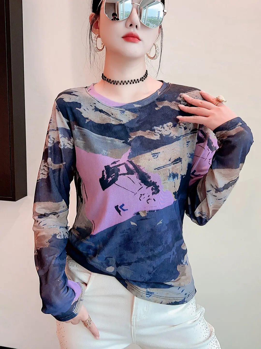 Fashionable Printed Long Sleeve Mesh T-Shirt Women's Autumn New Style Ageless Top Slim Fit Base Shirt Casual Style 3D Print