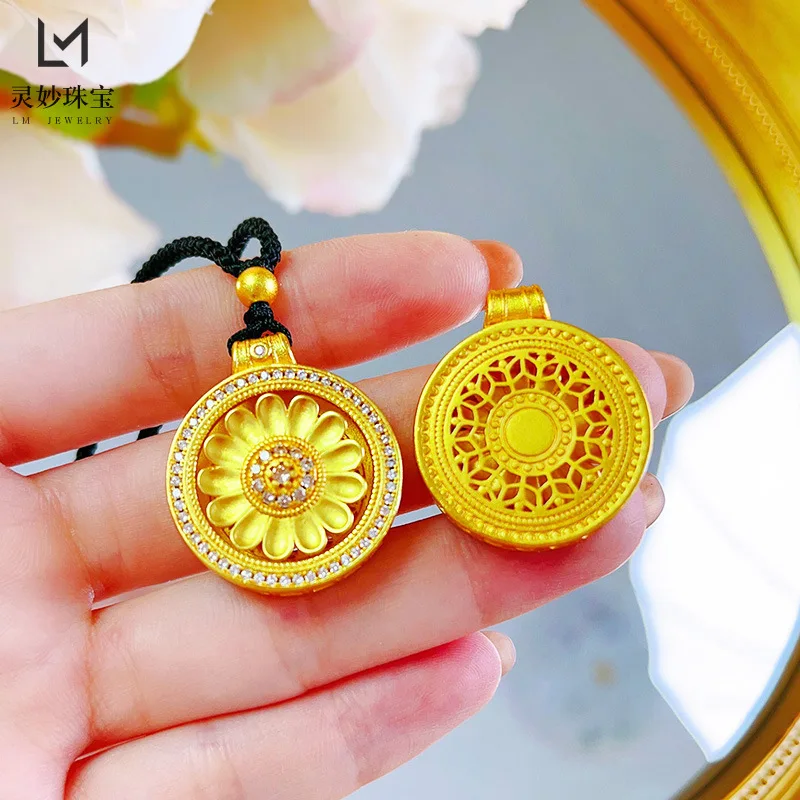 

24K real gold 9999 point diamond sunflower sunflower compass rotating pendant rope girl small daisy rotatable disc necklace