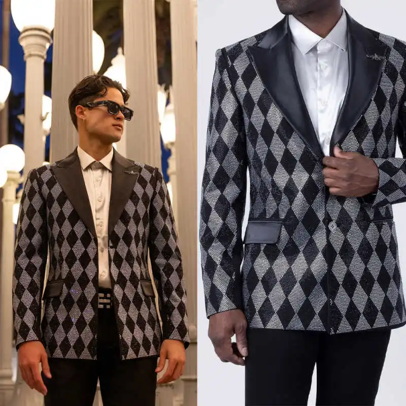 

Shining Plaid Men Suit 2 Pieces Jacket Pants Peaked Lapel Crystal Beading Groom Wedding Tuxedos Customized trajes para hombre