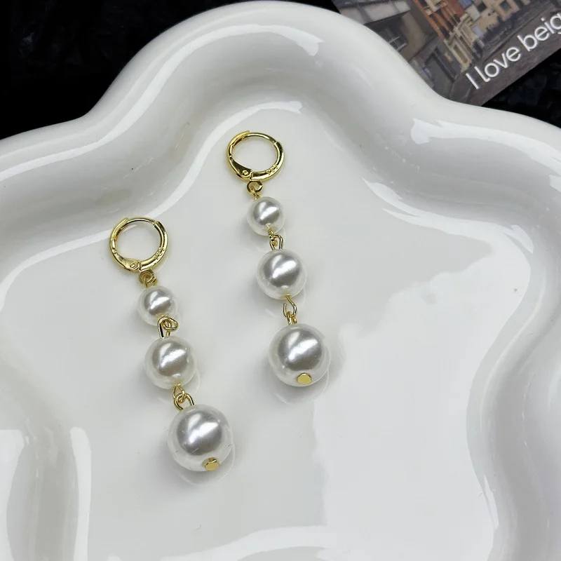 White Imitation Pearl Long Dangle Earrings for Women Golden Color Metal Hoop Earrings Wedding Party Fashion Elegant Jewelry Gift