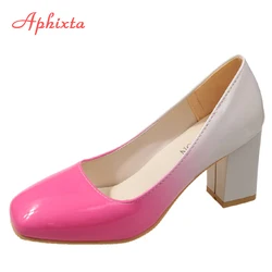 Aphixta 7.5cm Square Tou scarpe in pelle verniciata décolleté da donna colore sfumato tacchi spessi scarpe da festa Super Big Plus Size 50