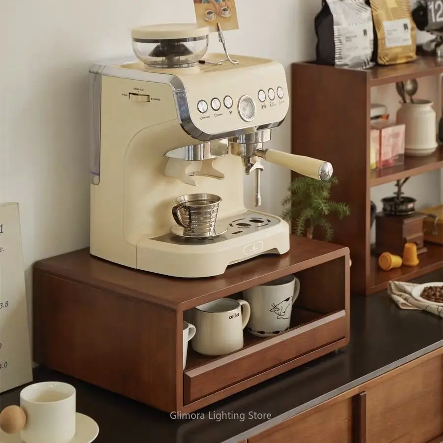 Rubberwood Solid Wood Coffee Machine Riser for Kitchen Counter, Desktop Display Stand with Drawer Storage for Home Office