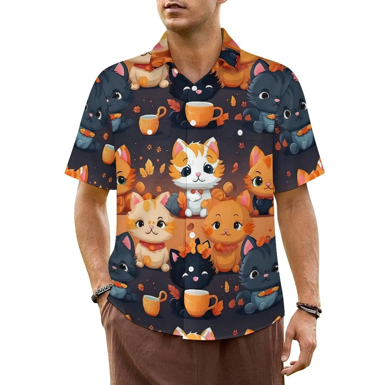 

Summer Shirt Vacation Magic Cats Mugs Blouses Cartoon Animal Elegant Casual Shirts Man Short Sleeve Breathable Oversized Top