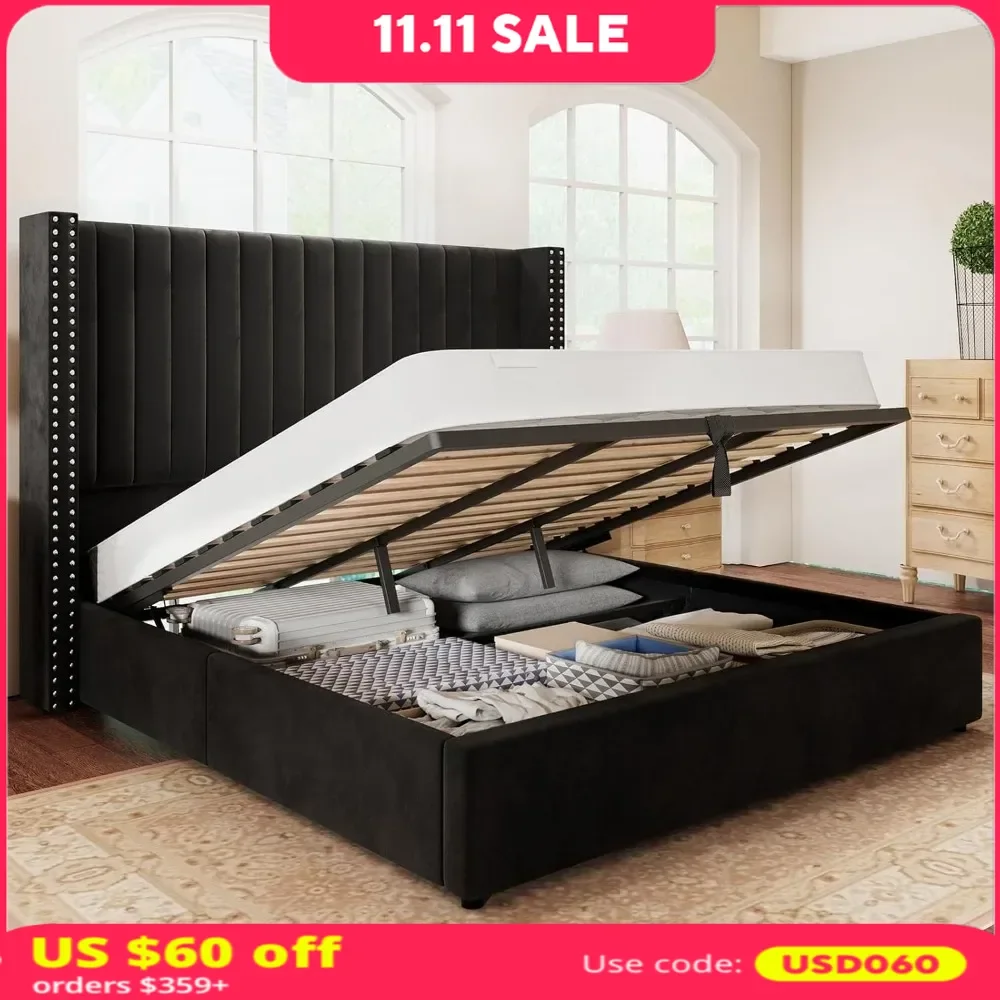 Lift up Storage Black Bed Frame， Upholstered Platform Bed Velvet with Channel Tufted Wingback Headboard, No Spring，Bed Frame.