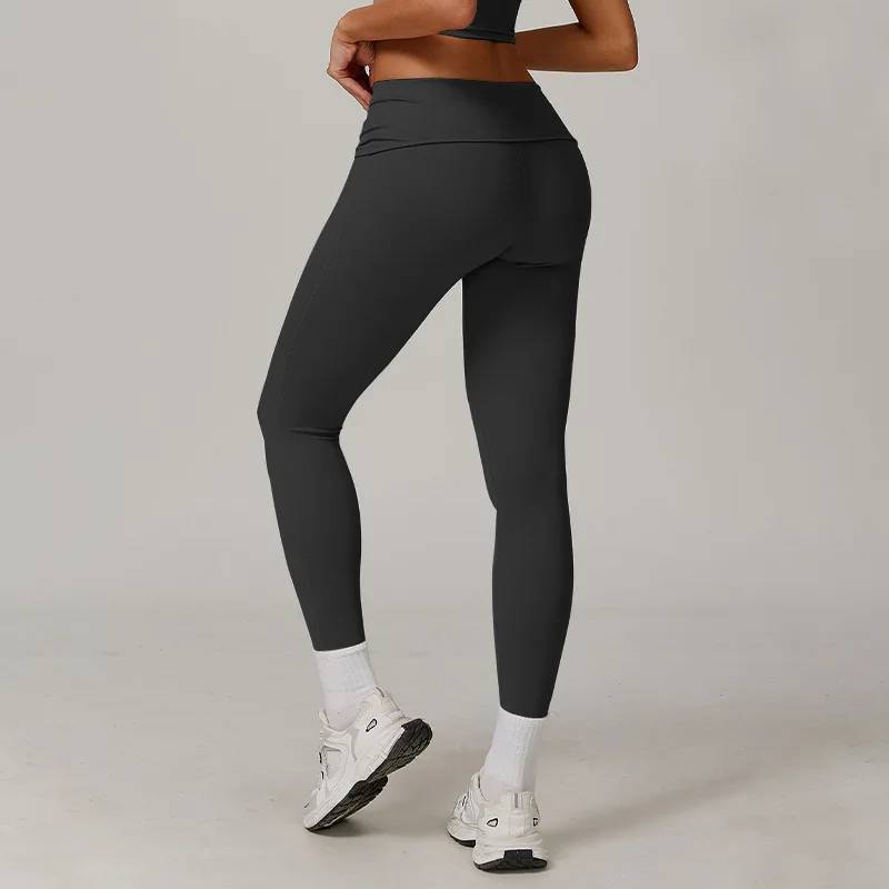 Sports Yoga Leggings Women High Rise Fold Over Waist Slimming Tights Compression Fitness Peach Hip Gym Running Workout
