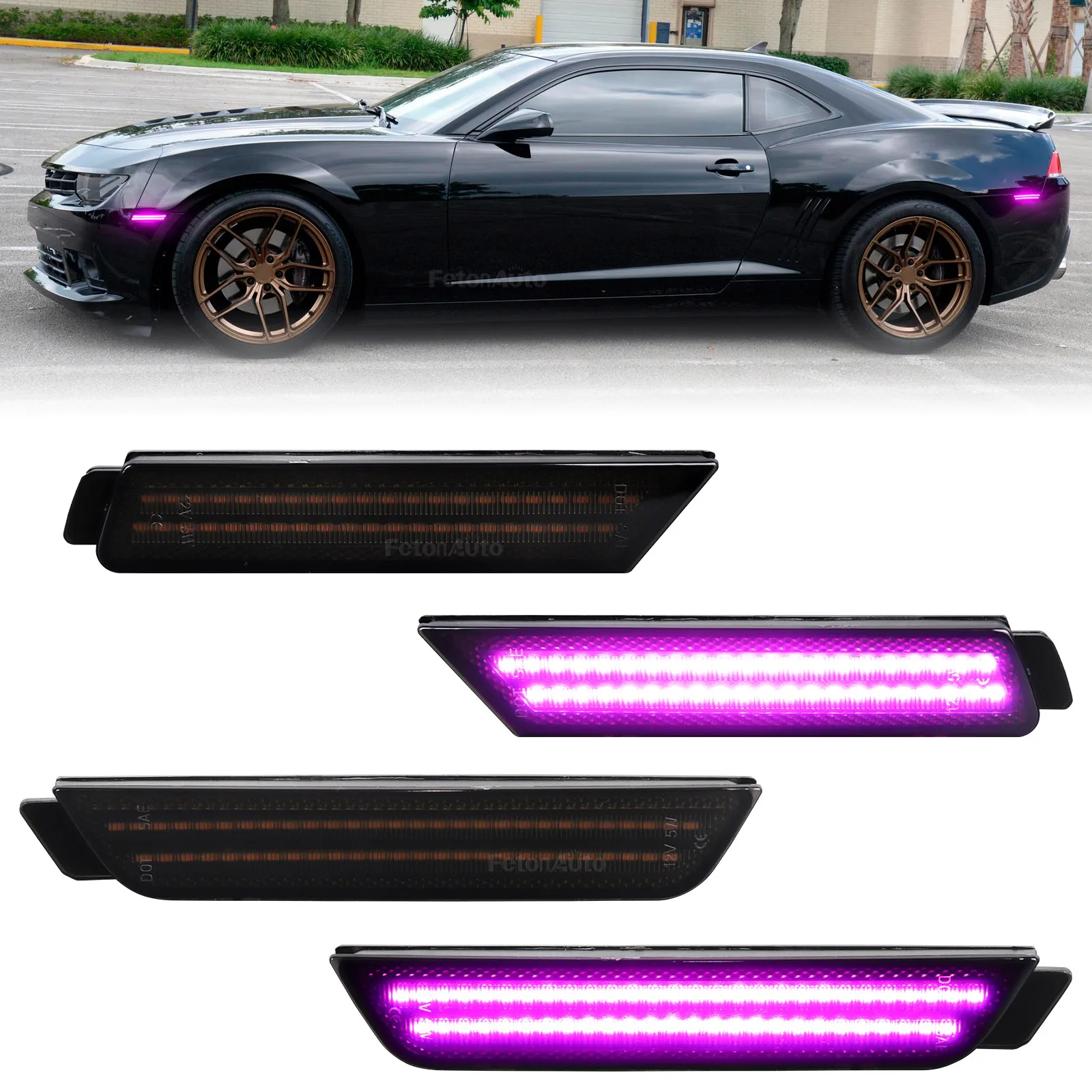 4pcs Smoked Lens Pink Purple Lamps Front Rear Bumper LED Side Marker Light For Chevrolet Camaro 2010-2015