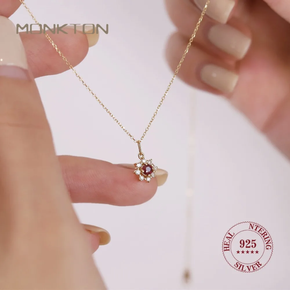 

Monkton Genuine S925 Sterling Silver Red Zircon Sun Pendant Necklace for Women Wedding Clavicle Chain Party Jewelry