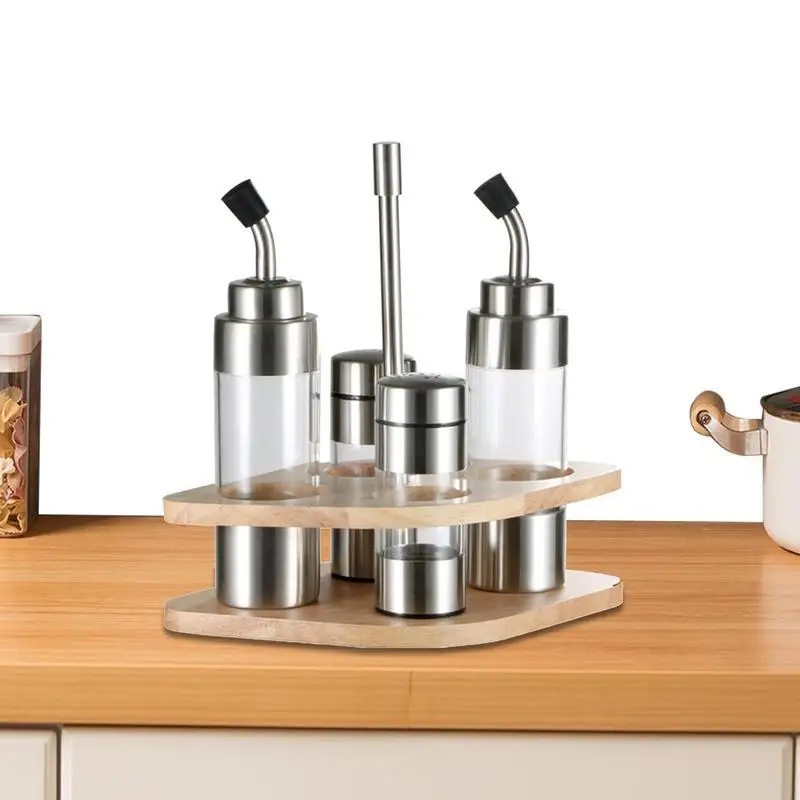 Kitchen Seasoning Bottle Set With Wooden Rack Translucent Pepper Bottle Holder Tools For Oil Salt Vinegar Soy Sauce Storage