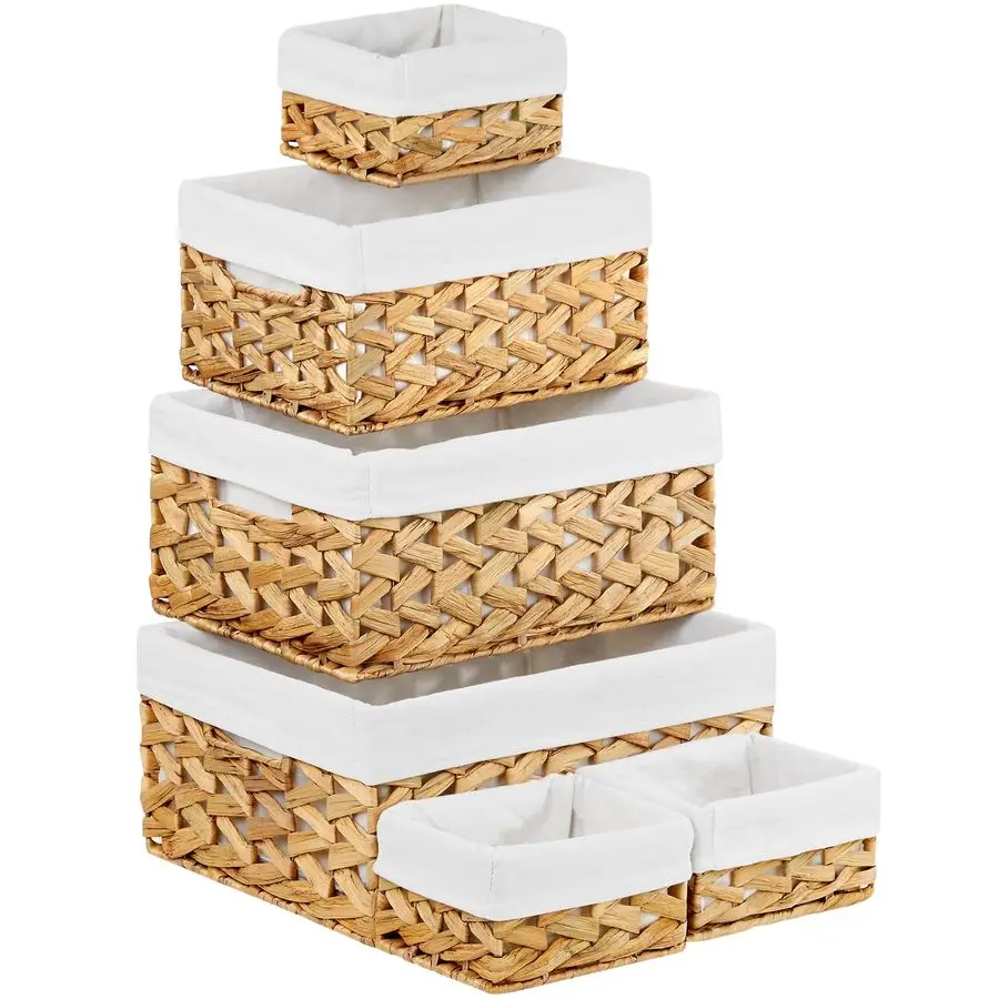 

Плетеные корзины для хранения, набор из 6 корзин для организации пространства, корзины из водяного гиацинта, прямоугольные плетеные корзины для хранения на полках