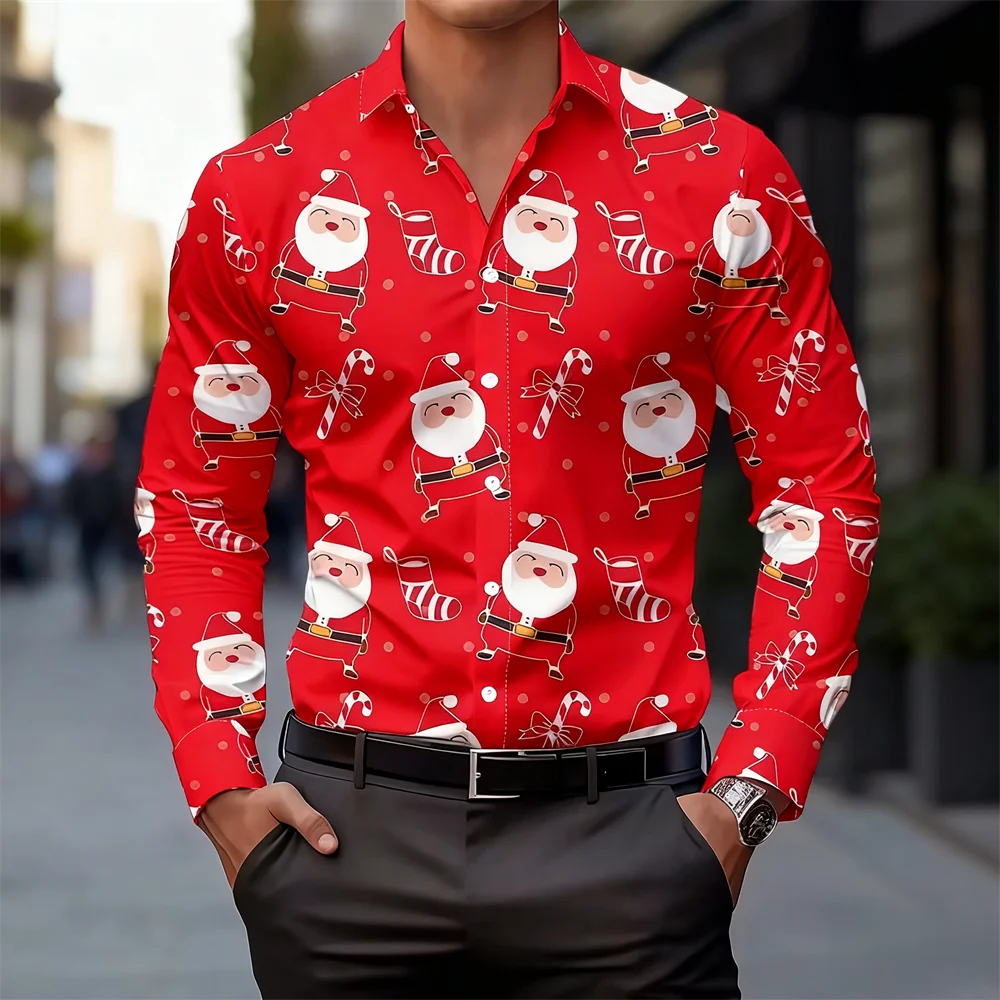13-color men's Christmas print shirt with Santa Claus and candy cane design, breathable and casual long-sleeved lapel shirt