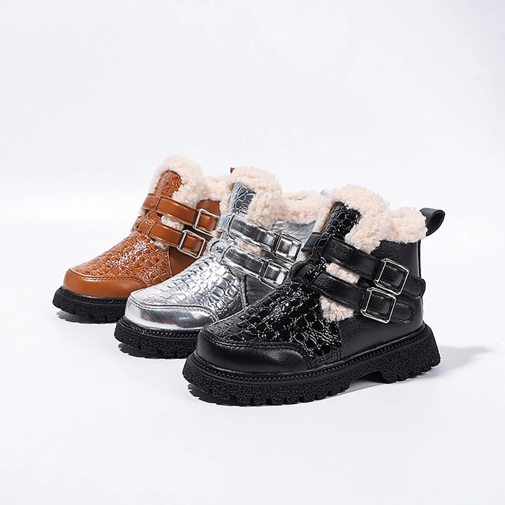 

Trend Fashion Teenager Girl's Snow Boots PU Leather Teenager Kid's Plush Boots Korean Style Children's Fur Boots Warm Boots Kids