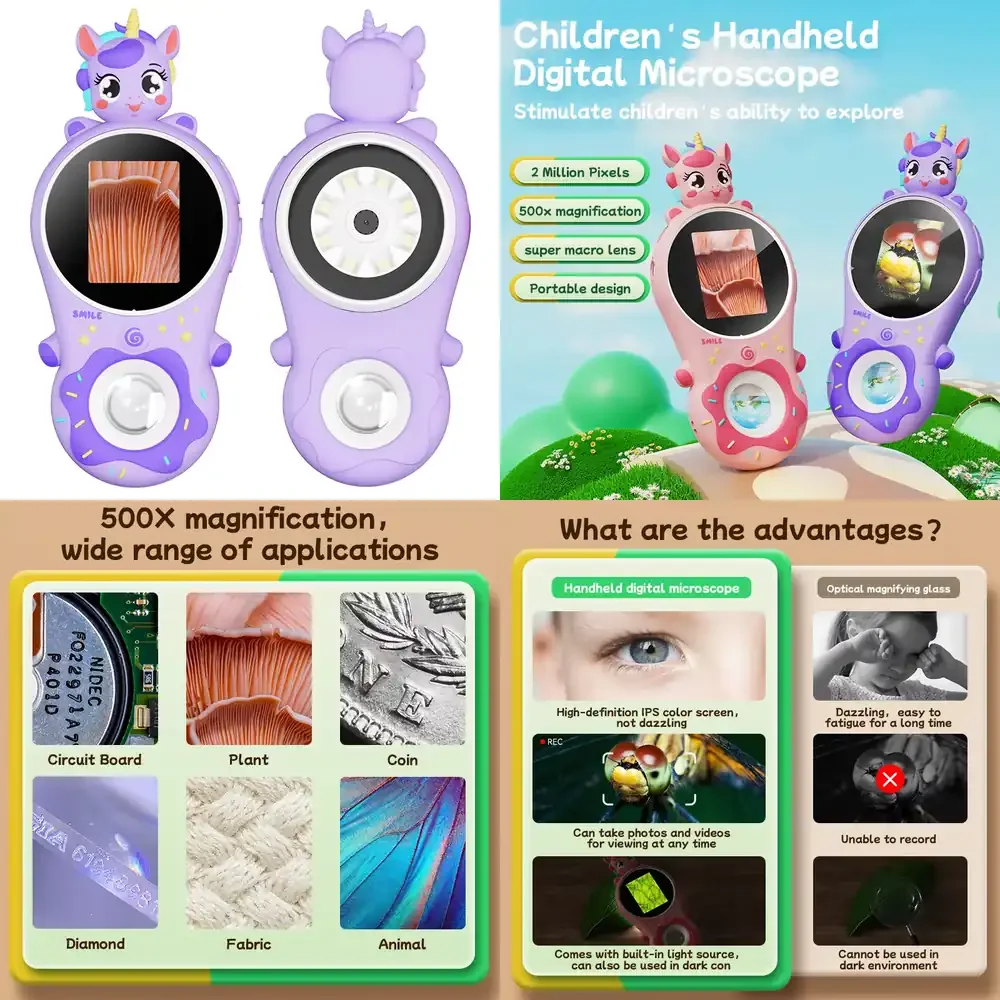 

370X Handheld Digital Magnifying Monocular with Protective Shell Purple Portable Pocket Mini 1080P Kids Microscope for