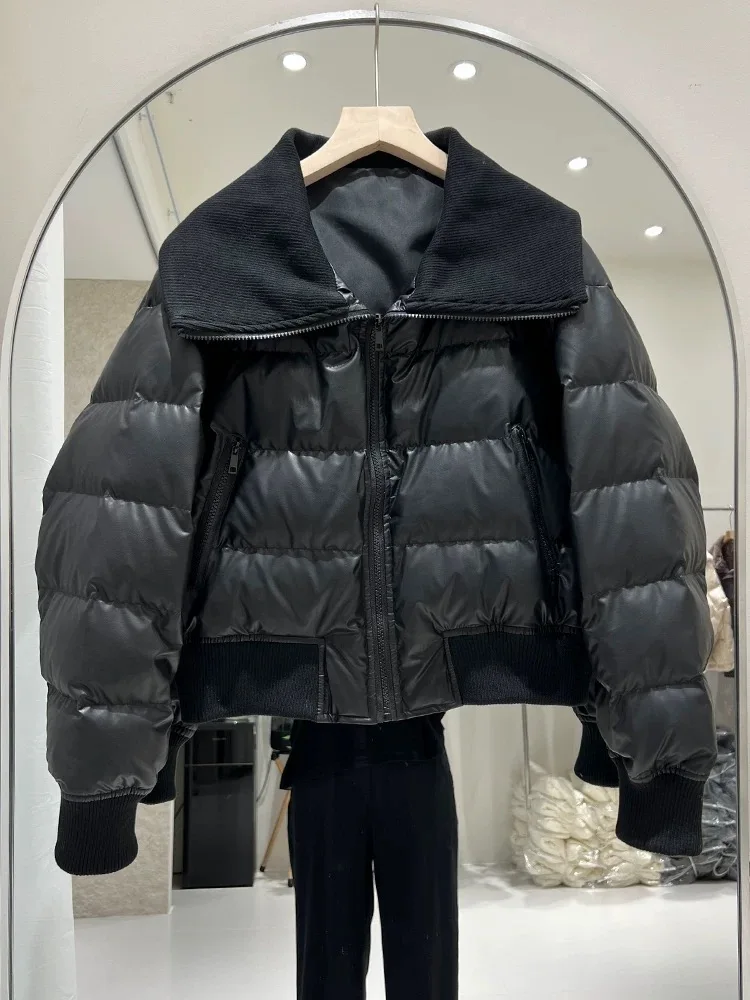 PU Leather Splicing Non Washable Down Jacket Women Short Style 2025 Winter New Laple Collar Trendy White Duck Down Coat