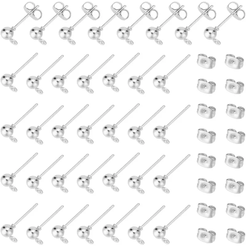 

100pcs Ball Post Stud Earring Kit Stainless Iron Ball Post Ear Stud Findings with Loop and Ear Nuts 0.8mm Pin Stud Earrings