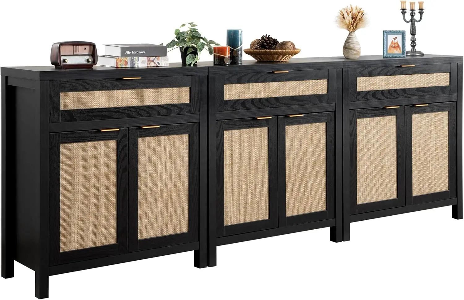 Sicotas Sideboard Buffet Storage Cabinet Set Of 3, Rattan Credenza Buffet Table, Modern Console Accent Cabinet With Doors And