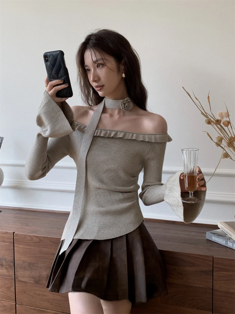 Off Shoulder Flare Sleeve Flower Scarf Sweaters Knitted Solid Y2k Aesthetic Women Pullovers Slash Neck Sweet Ruffles Pull Femme