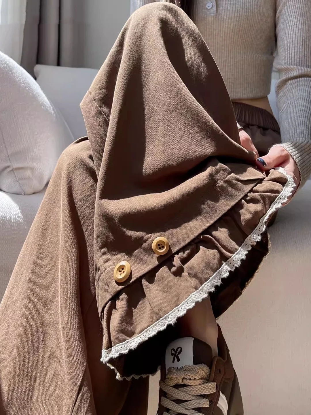 

Cinnamon Wide Leg Pants Women's Loose Nine Points Casual Trousers Unique Beautiful Korean Sle High Waist Cotton Blend