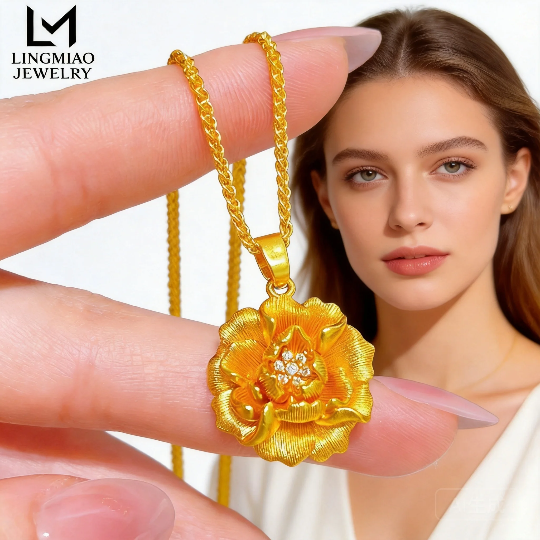 

2026 Gold Plated 3D Peony Flower Pendant Necklace For Women Cubic Zirconia Inlaid Clavicle Chain Trendy Fashion Jewelry For Dail