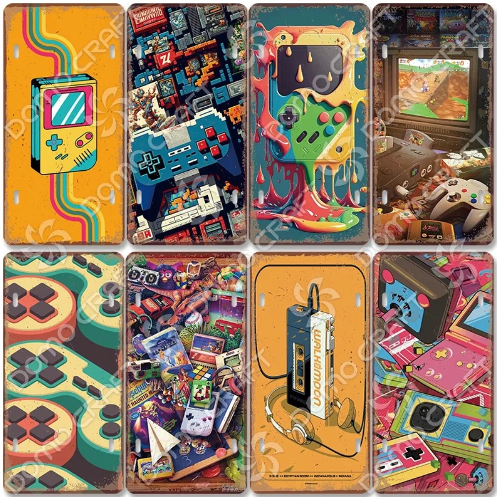Retro Video Game License Plate Metal Tin Sign Gamepad Play Station Metal Plaque Wall Decor for Boys Play Room Man Cave