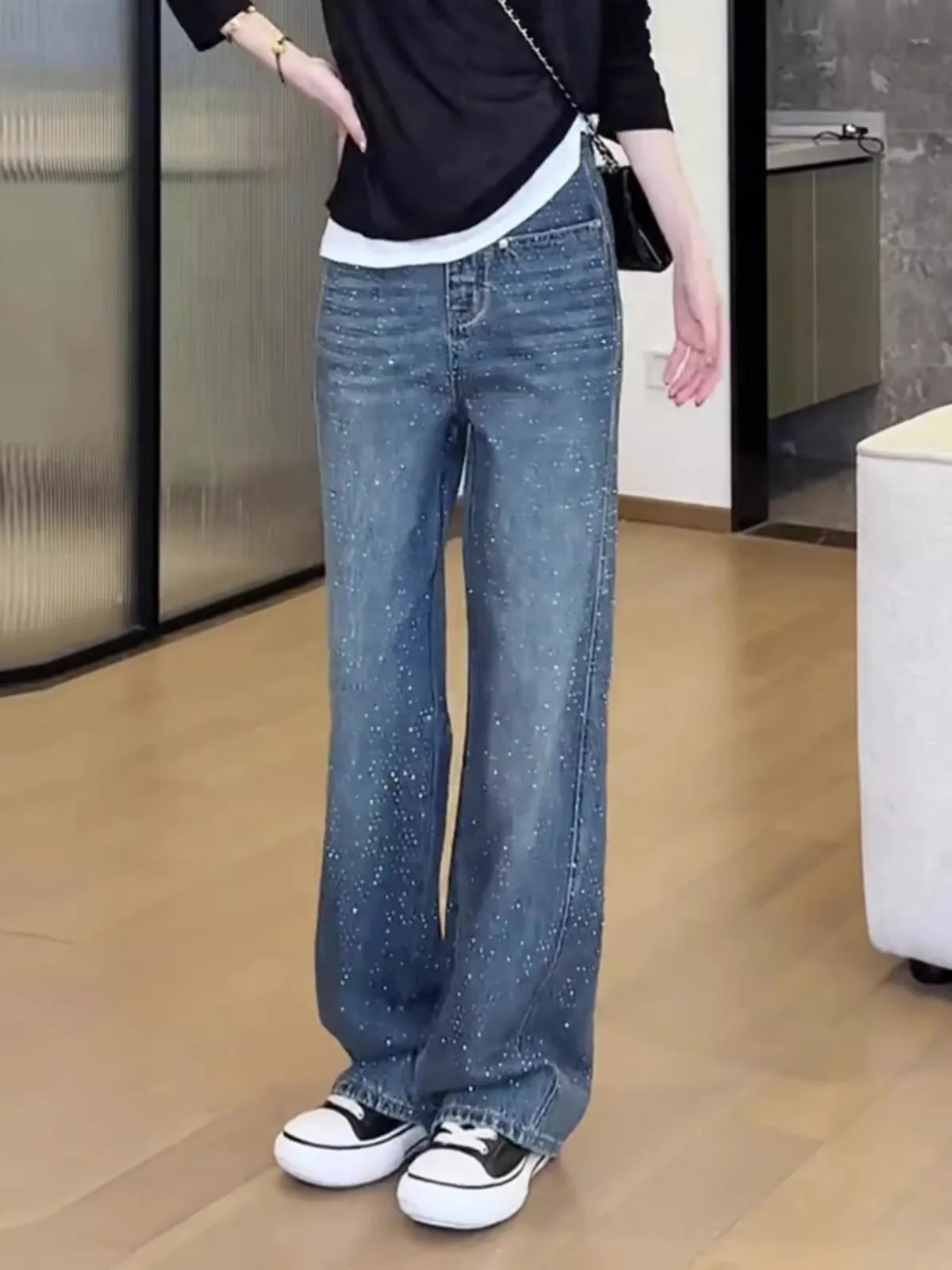 

Faionable Diamond Embedded Wide Leg Jeans Women's High Waist Knife Retro Sle Ladies Premium Feel Spring Autumn