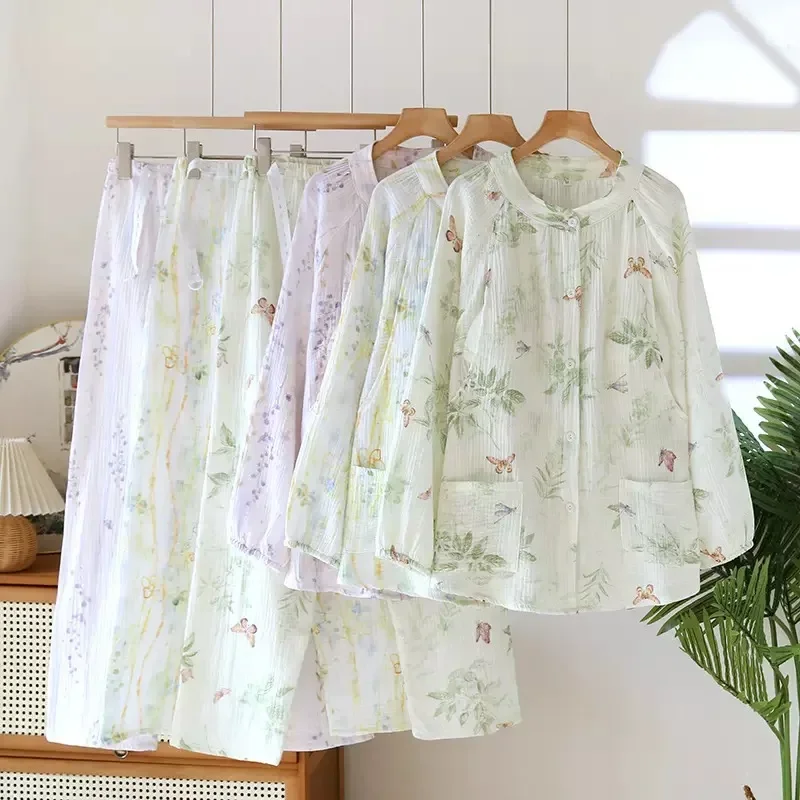 

Пижамы женские, 100% хлопок, брюки с длинными рукавами для домашнего обслуживания, простой и удобный пижамный костюм, летняя и осенняя пижама