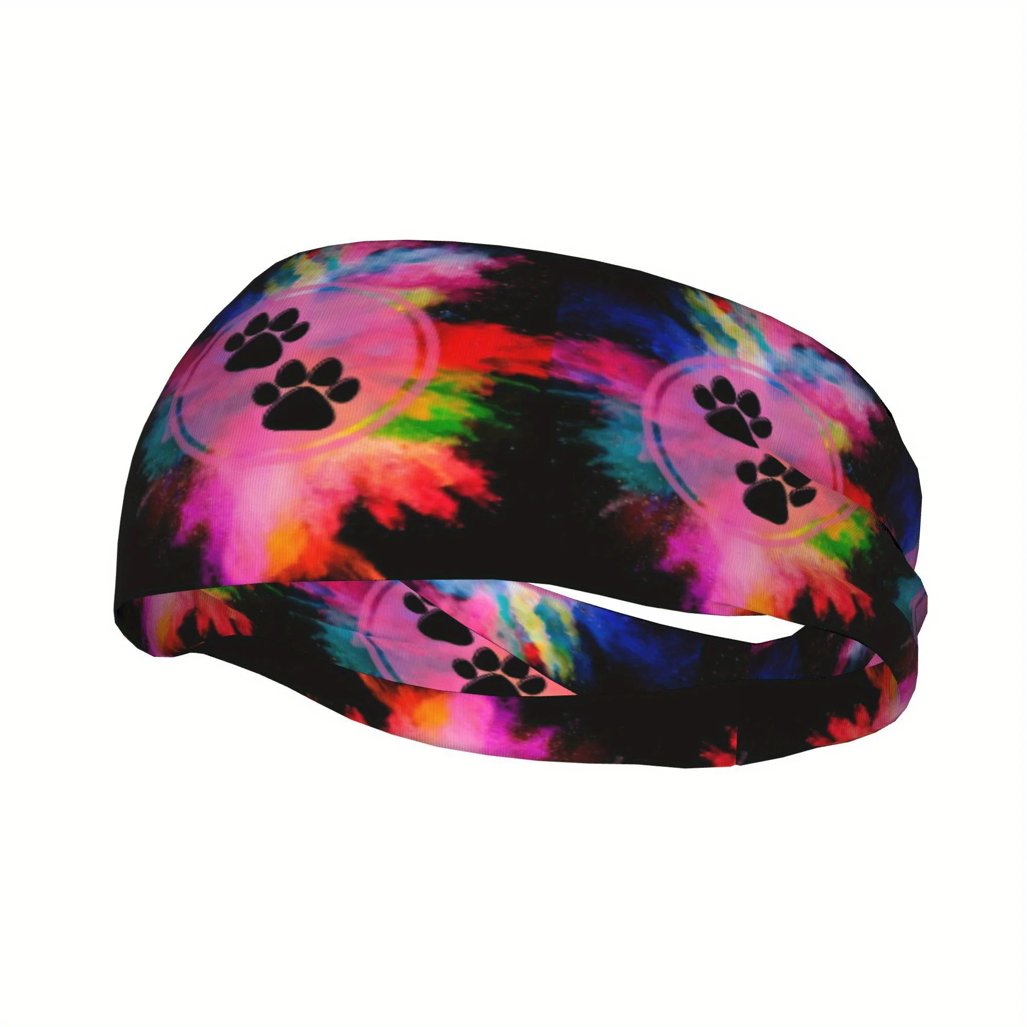Tie-Dye Dog Paw Print Sports Headband Unisex Sweat-Wicking Breathable Polyester Stretchy Knot Design for Yoga Gym Running