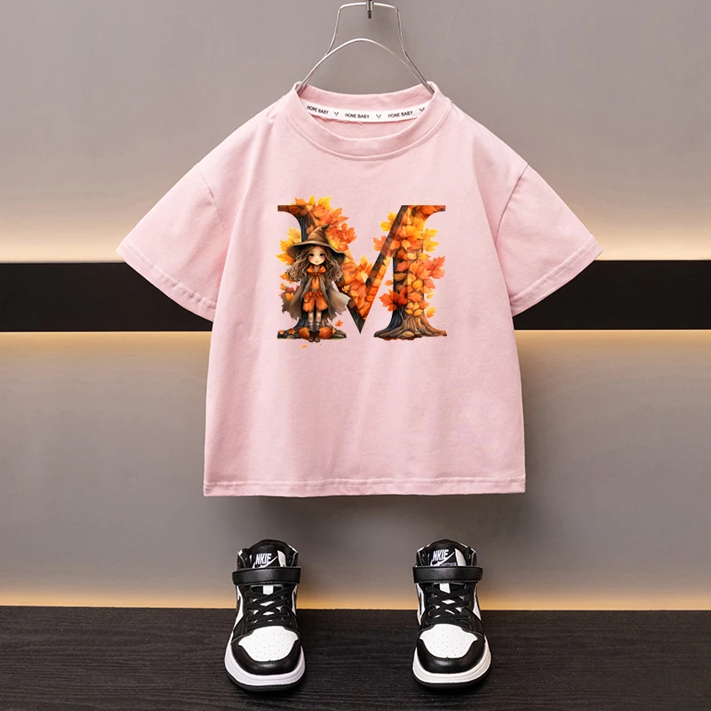 Maple Leaves Letter M Children T-shirt Kawaii Clothes for Girls T Shirt Anime Cartoons Casual Kid Boy Short Sleeve Tops New 2024