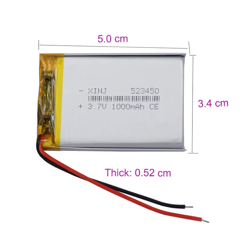 PURFIELD 1000mAh 3.7V 523450 Polymer Rechargeable Lithium Li-ion Battery For GPS Smart Phone MP4 MP5 Led Lamp Flip column