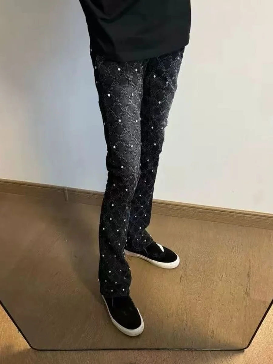 

American High Street Sle Glittering Star Nail Micro Flared Jeans Straight Leg Long Trousers for Men And Women Trendy New Ar...