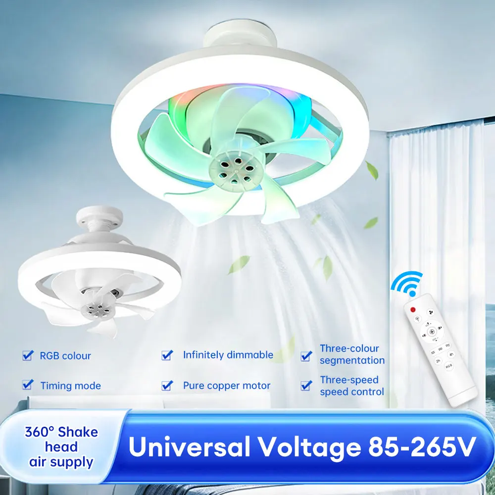 Ceiling Fans With Remote Control and Light LED Lamp Fan E27 85-265V 360 Degrees Shaking Head Ceiling Fan Light for Bedroom