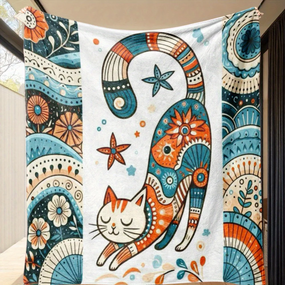 

1pc Bohemian Cat Scratching Flannel Blanket - Large, Soft Polyester with Vibrant Orange & Blue Floral & Star Patterns, Perfect