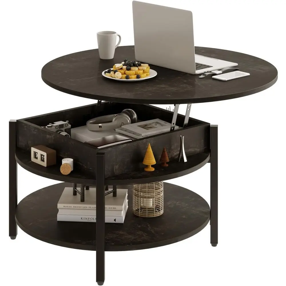 

Round Storage Coffee Table with Hidden Compartment, 26.77 for Living or Dining Room, 2-Tier Small Circle Table, Black Oak | Ligh