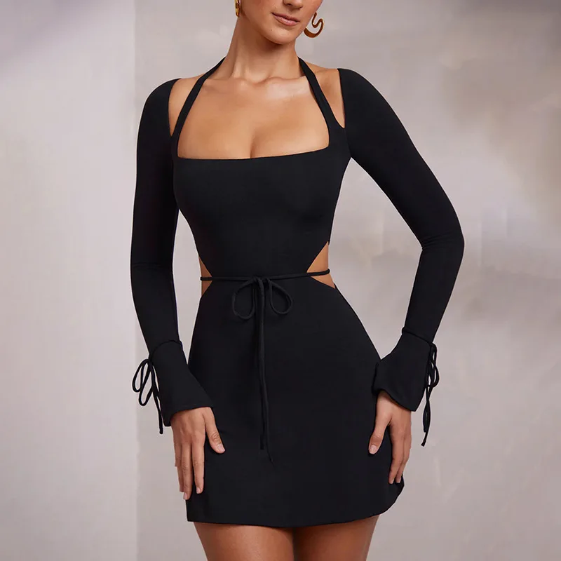 Solid Formal Occas Dress for Women Elegant Evening Party Sexy Mini Dress Slim Square Collar Flared Sleeves Lace-up Bodycon Dress