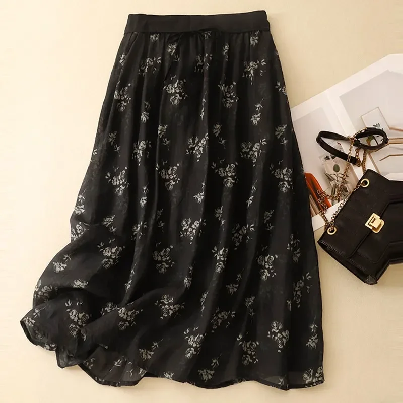 

Women Summer Casual Skirt New Arrival 2024 Vintage Style Floral Print Basics High Waist Female A-line Long Skirts WE1996