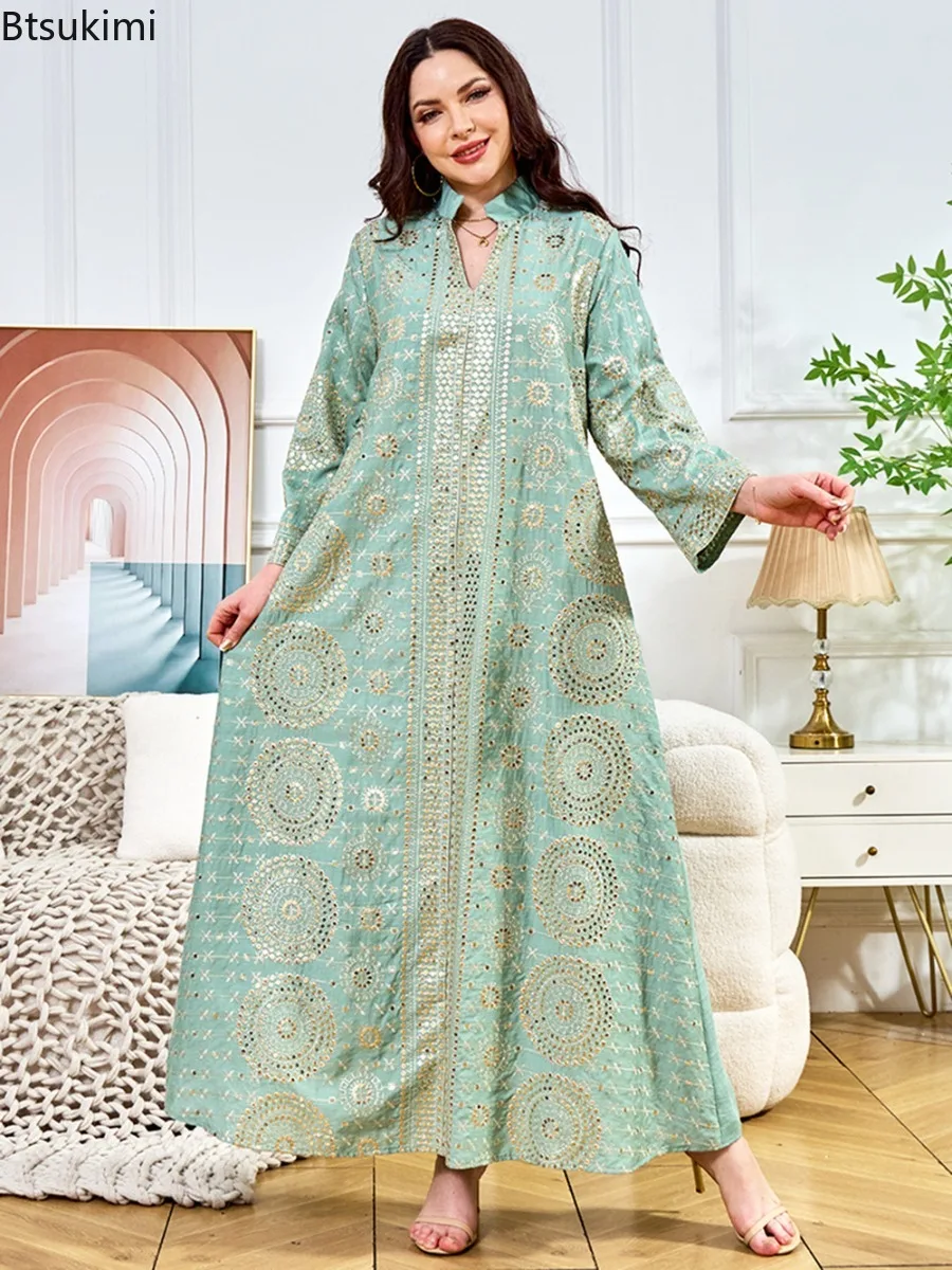 

Мусульманское вышитое платье на Ид 2026: Модная женская абайя с пайетками, праздничная джалабия, длинное арабское платье, кафтан для Рамадана, Марокко, Дубай, Вестидос